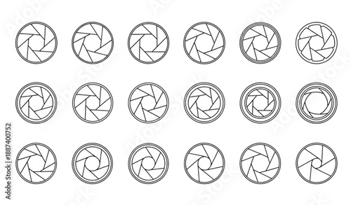 Linear camera lens aperture and shutter icon vector collection isolated on transparent background