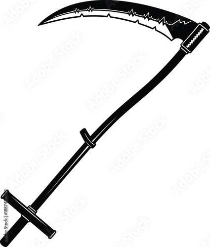 Grim reaper scythe vector illustration featuring a curved black blade with jagged teeth details on a long handle for dark fantasy and horror themes.