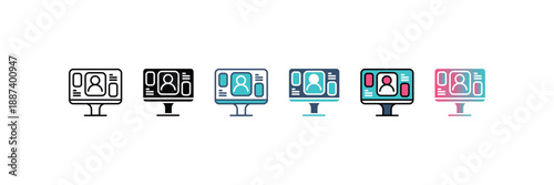 A collection of six distinct icons illustrating online video conferencing and virtual meetings on a computer monitor, showcasing various design styles from outline to colorful filled versions.