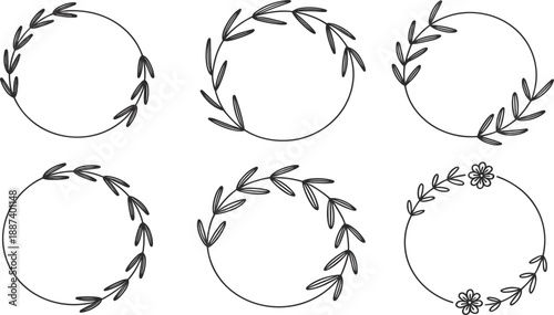 Hand drawn floral wreath and leaf branch circle border vector icon set for wedding invitation ornament