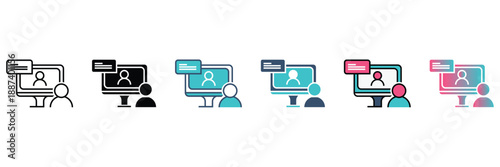 Set of icons illustrating online video calls, virtual meetings, and remote communication between individuals using a computer monitor.