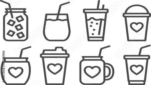 Refreshing cold beverage and iced drink vector icon set for summer cafe, juice bar, and takeout