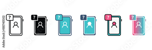 Collection of six contact book icons with question marks, representing unknown or missing contact information in various styles and colors for digital interfaces.