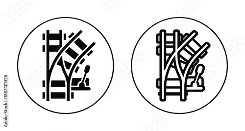 Railroad switch icon set. Railway track diversion with lever control, in black and white circles.