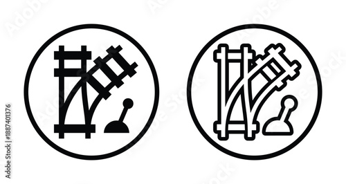 Railway switch icons, railroad track switcher, railroad turnout diagram, train track switch lever, black and white vector