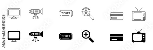 A collection of minimalistic line art icons featuring a computer screen, video camera, ticket, magnifying glass, credit card, and television
