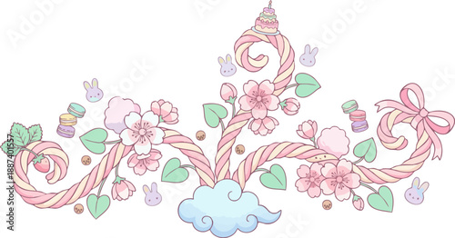 A whimsical pastel illustration featuring candy canes, cherry blossoms, bunnies, and a cloud, creating a sweet and decorative border.