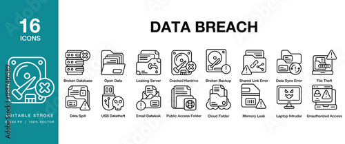 Data Breach icon set. Includes data, breach, cyber, attack, hacking, leak, exposure and More. Editable Stroke Icon Collection.