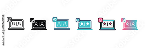 A collection of six distinct icon styles illustrating a laptop displaying 'AIA' on its screen, accompanied by a user profile notification.