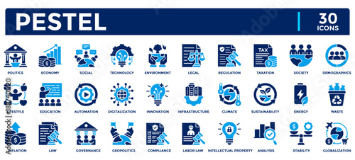 PESTEL icon collection set. Containing Political, Economic, Social, Technological, Environmental, Legal icon. Simple flat vector illustration.