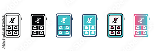 Set of six stylized vector icons depicting portable electronic devices with a 'no' symbol on the screen and four control buttons, in various color schemes.
