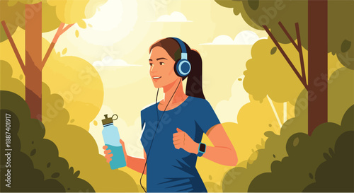 Vibrant illustration of a happy woman jogging actively through a sunny park or forest, enjoying her workout with music and staying hydrated