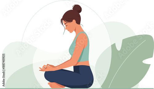 Serene young woman practicing meditation in a peaceful lotus position, fostering mindfulness and mental well-being amidst a calming natural-inspired backdrop, promoting relaxation and inner harmony