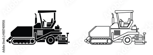 Road paver machine outline and solid vector illustration, construction equipment, asphalt paving machinery, and heavy vehicle.