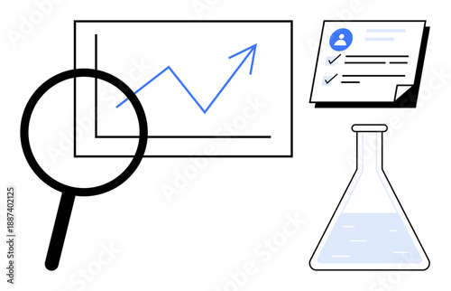 Magnifying glass over chart with upward trend, research notes, and science flask. Ideal for analytics, research, progress, study, discovery innovation and reporting. Simple flat metaphor