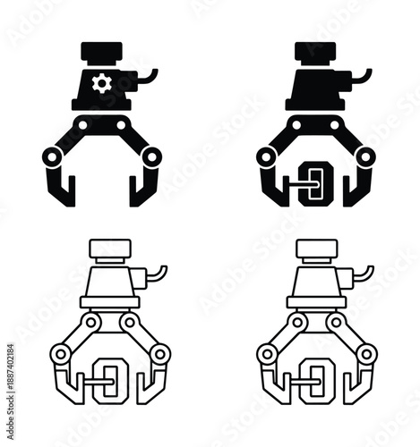 Robotic claw vector illustrations set, mechanical gripper arms for industry