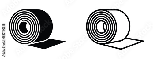 Roll of material icon set in black and white, depicting tape, fabric or paper roll with unrolled section.