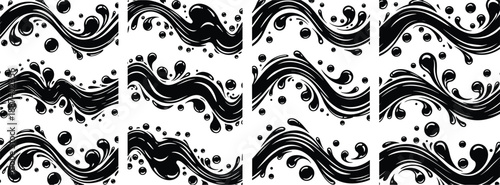 Collection of Abstract Black Liquid Splash Illustrations Featuring Flowing Waves and Droplets Set Against a White Background for Modern Graphic Design and Creative Branding Projects