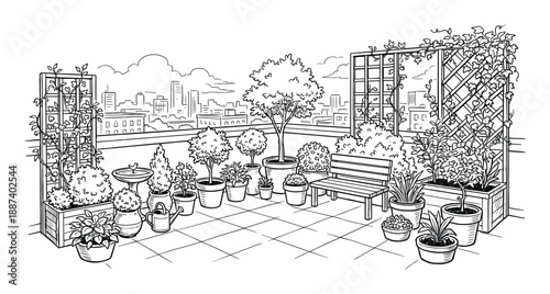 Rooftop garden with cityscape background, potted plants, bench, trellis, and tiled floor. Line art illustration.