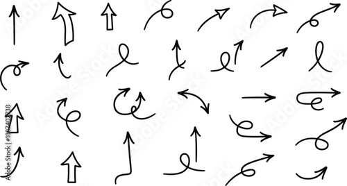 Large set of black hand drawn doodle arrows isolated on white background flat vector illustration for business presentations navigation direction creative journaling and web design