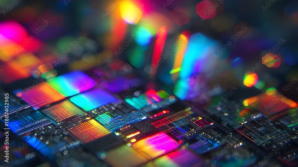 Fototapeta premium Macro View of Semiconductor Microchip Wafer with Rainbow Neon Circuit Patterns
