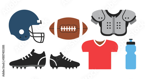 Collection of American Football Gear Including Helmet Ball Shoes Jersey and Water Bottle Isolated on White Background for Sports Enthusiasts