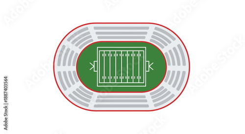 Top View Of An Empty Athletic Stadium With Green Field And White Lines Ready For Competition