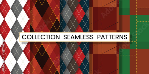 Collection seamless patterns argyle vector design with thin slim dotted line vivid geometric background for fabric, textile, clothing, wrapping paper, wallpaper, illustration, 