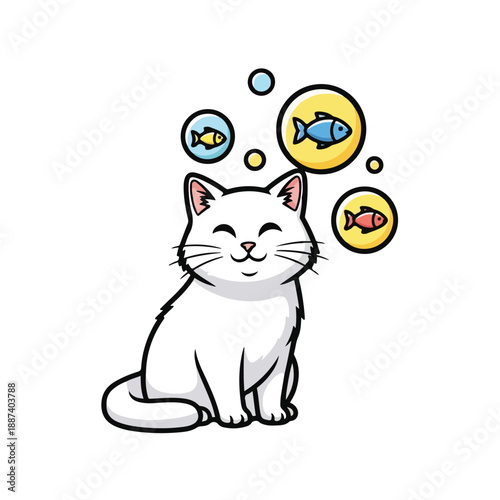 A cartoon cat with thought bubbles of fish