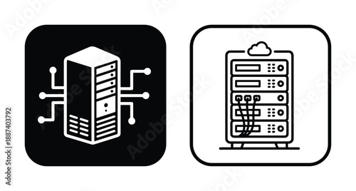 Server rack vector icon set. Data storage and network technology illustration