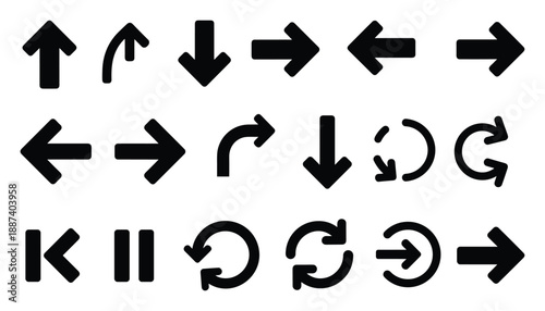Set of black direction arrows and navigation icons for multimedia control and user interface design