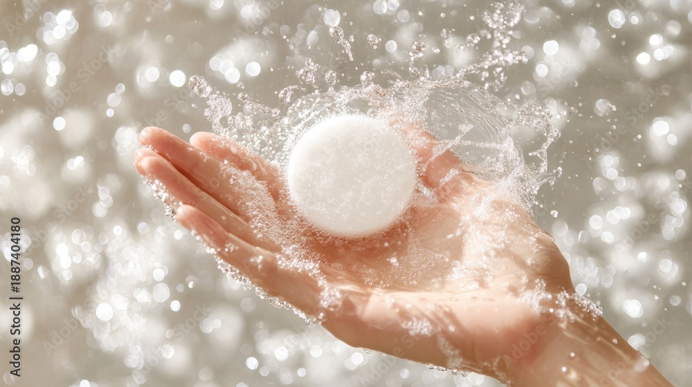 Fototapeta premium Person holding white spherical water orb captivating liquid art mesmerizing fluid dynamics unique aquatic photography crystal clear water photography.