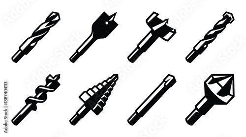 Set of drill bits vector icons, various types and designs of drill bits for drilling and woodworking projects