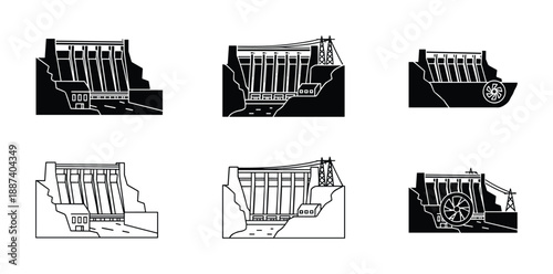 Set of hydroelectric dam vectors with power lines and water wheels. Black and white dams isolated vector illustrations.