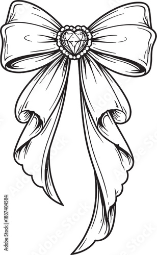 Decorative Hair Bow with Heart Center Black and White Line Art Illustration