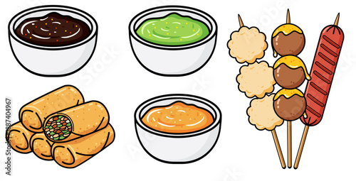 Asian Street Food Set with Grilled Skewers Fried Spring Rolls and Variety of Dipping Sauces