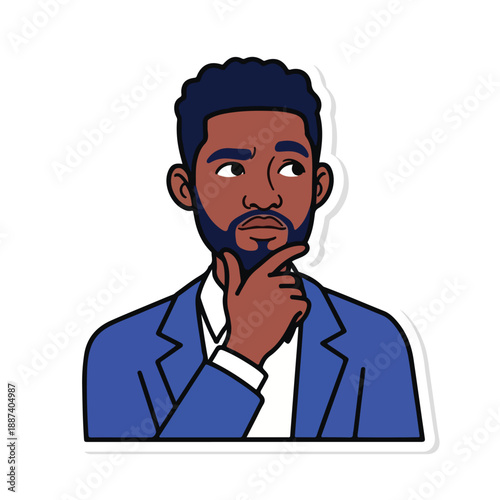 A cartoon man in a blue suit jacket thinking