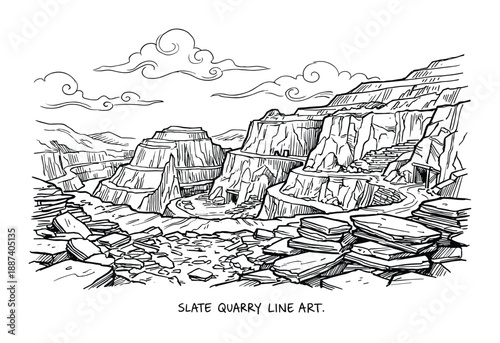 Slate quarry line art vector illustration of a quarry landscape with roads, stones, and mountains, under cloudy sky.