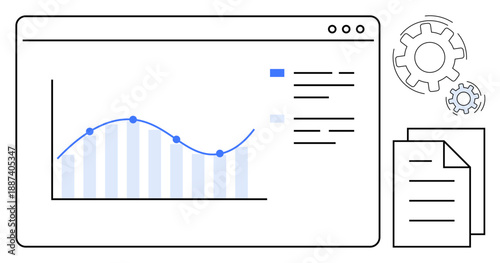 Data visualization, business intelligence, analytics tools, information management, progress tracking, workflow optimization. Line graph on dashboard with gears and documents. Data visualization