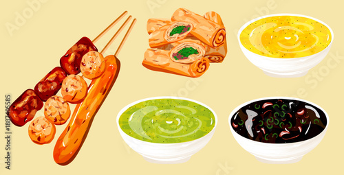 Asian Street Food Set with Grilled Meat Skewers Spring Rolls and Assorted Dipping Sauces
