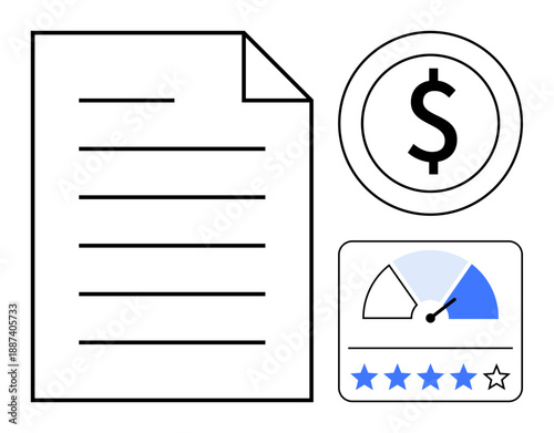 Financial concept. Financial document with dollar symbol, credit score visual, and customer star ratings. Financial analysis for business, credit evaluations, customer reviews, and transactions