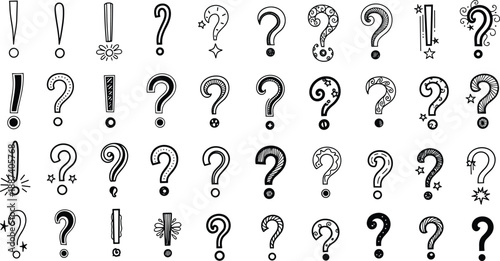 Black and white hand drawn vector illustration set of decorative question marks and exclamation points for creative typography and school education design,