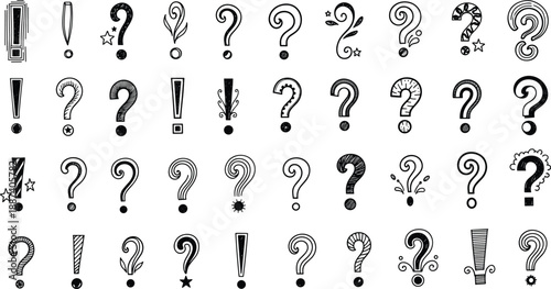 Black and white hand drawn vector illustration set of decorative question marks and exclamation points for creative typography and school education design,
