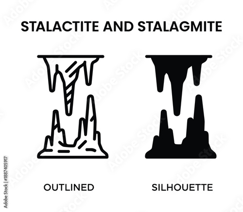 Stalactite and Stalagmite Icon Set, Outlined and Silhouette style, Cave Formation, Geology, Underground. Nature