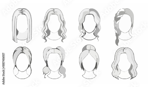Girls Hairstyle Coloring Page Vector Set with Faceless Hair Designs