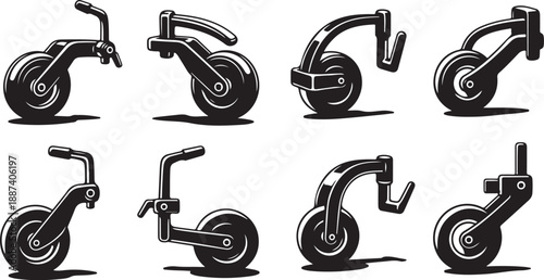 Set of eight different bicycle silhouettes in various positions