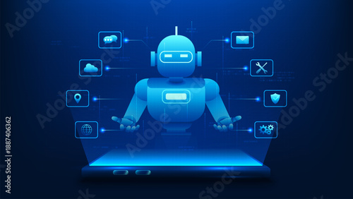 Artificial Intelligence Technology Background, Smartphone with Hologram Robot and Service