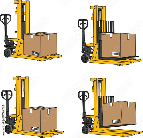 Yellow industrial manual pallet jack vector illustration set featuring hydraulic hand trucks lifting cardboard boxes on pallets for warehouse logistics and storage design
