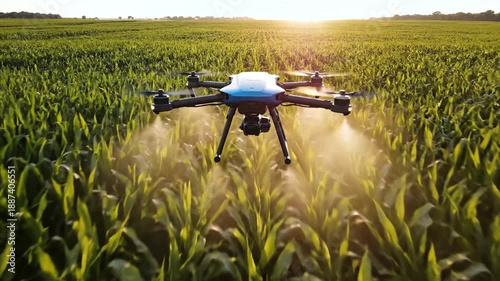 Backlit agricultural drone using ai to spray vibrant green crops in a cornfield, embodying futuristic farming.