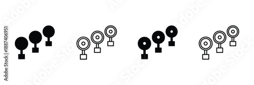 Target icon set with solid and outline designs, in black and white, target practice illustration